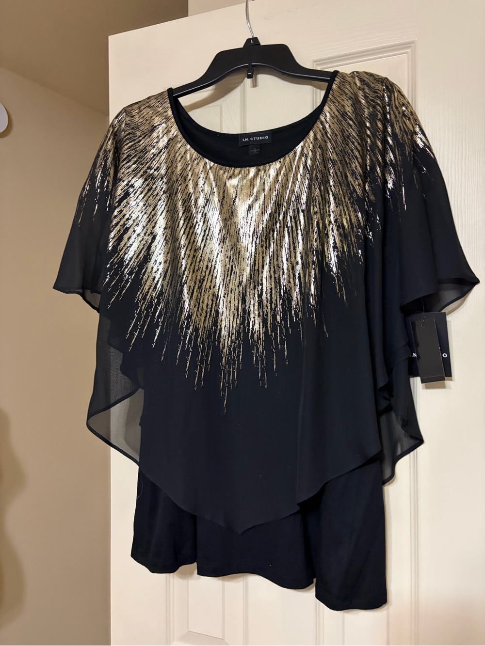 I.N. Studio Black Top with Metallic Gold Burst Detail